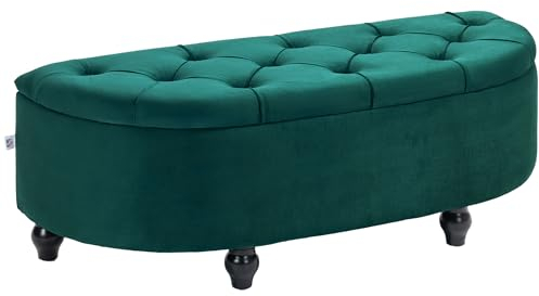 HOMCOM Sitzbank mit Stauraum Polsterbank mit Samtoptik, geöffnetem Deckel Sitztruhe mit Holzbeine, Truhenbank für Wohnzimmer Flur Schlafzimmer 120 x 46 x 42 cm Dunkelgrün