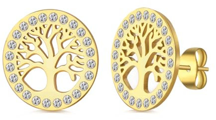Dreamtimes Arbre de vie boucles d'oreilles pour les femmes en acier inoxydable couleur or clair Zircon Boucles d'oreilles rondes Arbre de la famille Boucle d'oreille Mode Charme Bijoux (L'or)