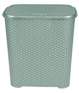 45 Litre Plastic Rattan Style Laundry Hamper Storage Linen Clothes Washing Basket Laundry Basket With Lid and Carry Out Handles Storage Bins For Dirty Clothes Toys Bathroom Bedroom (Silver Sage)