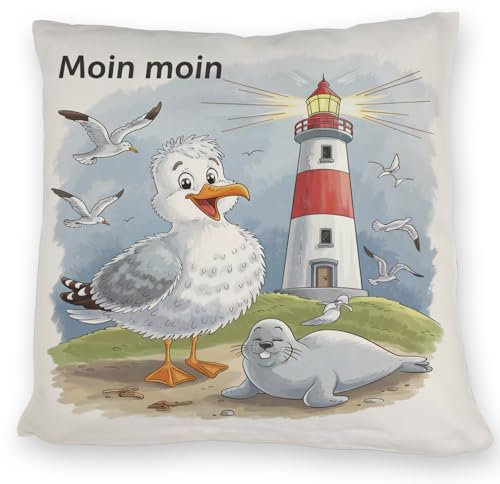 speecheese Fröhliche Möwe und Leuchtturm Kissen - Moin Moin Rote und weiße Streifen leuchtendes Signal Fliegende Möwen - Maritime Deko für entspannte Stunden
