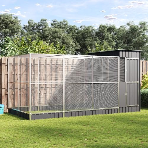 Willood Voliere mit Erweiterung, Vogelkäfig mit abschließbarer Vogelhaus Silbern 416x203x216 cm Stahl