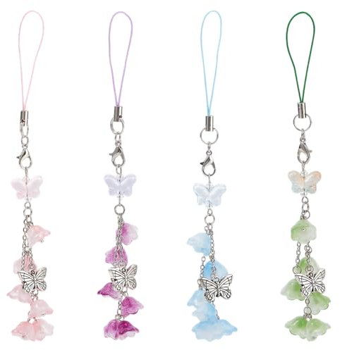 DELORIGIN 4Colors Maiglöckchen Handyanhänger 4 stücke Nette Schmetterling Tasche Charme Handgelenk Lanyard Blume Acryl Für Telefon Tasche Keychain Auto Kamera Decor