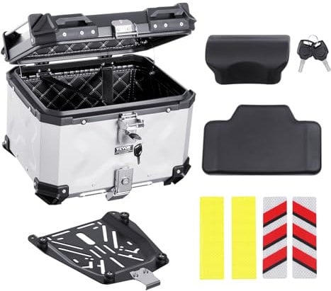 VEVOR Motorcycle Top Case, Universal Aluminum Alloy Motorbike Tail Box with Leather Lining, 45L Waterproof Detachable Motorcycle Top Box with Lock & Back Cushion, Fit for 99% of Motorcycle Frames