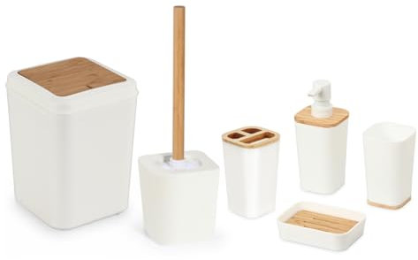 Herzberg, HG04463, 6-teiliges Badezimmer-Set aus Bambus, modernes Design, praktisches Zubehör, ideal für die Inneneinrichtung, Größe: Standard, Farbe: Creme