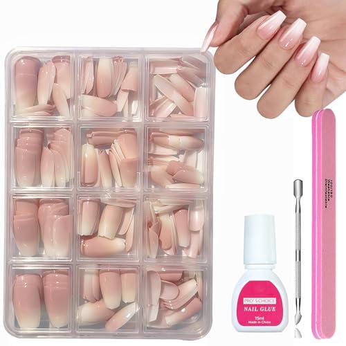 False Nails Kit with Glue, 240Pcs Natural Gradient Pink Fake Nails, Acrylic Coffin Press on nails Pink Tips, 12 Sizes Glossy Full Cover Stick on Nail for Women Girls