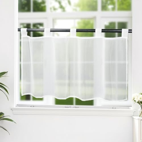 LUKDUNG Scheibengardinen Voile Bistrogardine, Kurzstore Gardine Transparente, Kurzvorhang mit Schlaufen, Küchen Vorhang, Kurzgardine Gardine Stores, Weiß, 1er Pack, HxB 45x120cm