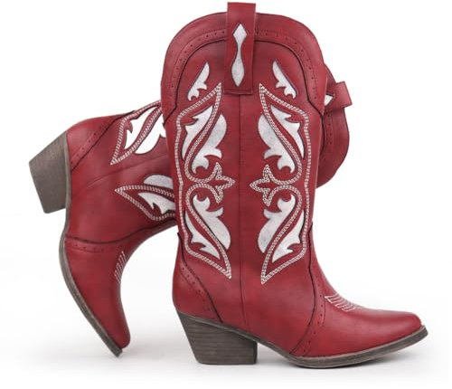 Hawkwell Stivali da cowboy da donna con ricami e cuciture, lunghezza al polpaccio, punta in pizzo, tacco a blocco (taglia 36-42), Colore: rosso, 36 EU