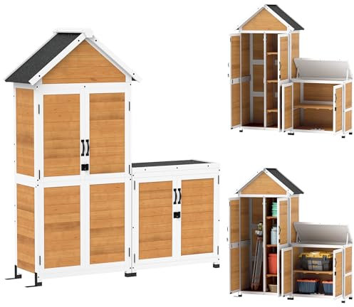 Outsunny Casetta da giardino in legno + armadio portaoggetti, casetta da giardino per esterni con tetto spiovente in asfalto, ripiani e porte con serratura, armadio porta attrezzi per balcone,