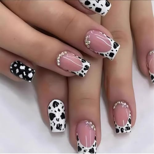 GlamRays 24 Pieces French Nail Short Square False Nail with Cow Leopard Print and Rhinestone Design Pink Glossy Acrylic Nails Full Coverage Adhesive Nail