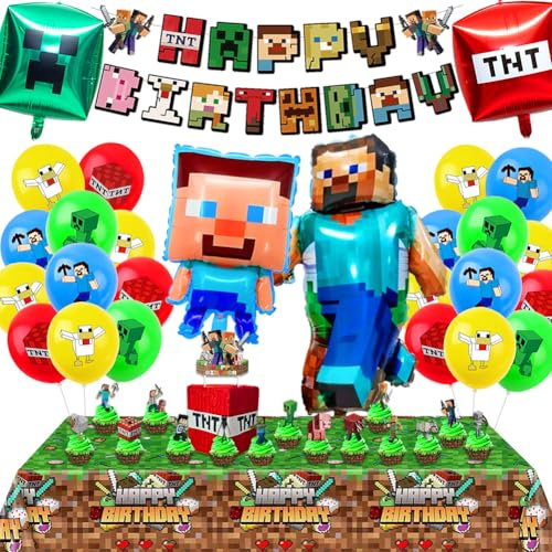 Decoración para Fiesta de Cumpleaños Infantil,42 Piezas Set con Globos, Globos de Aluminio 3D, Pancarta, Mantel, Platos, Servilletas para Fiesta,Globo temático de dibujos animados