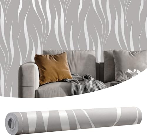 Camiraft 1 Roll Grey and White Wallpaper for Living Room Wave Stripes 3D Embossed Thick Textured White Glitter Wall Paper Feature Non-Woven Wallpaper for Bedroom Adults TV Background 53cm x 9.5m