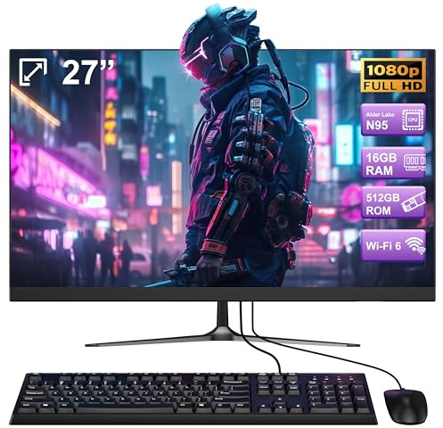 All-in-One Desktop Computer Alder Lake N95 27 inch All-in-One PC 16GB RAM 512GB ROM Full HD IPS Display USB3.0*4 Built in Speaker Dual-Band WiFi&Bluetooth 5.1 with Wired Keyboard and Mouse.