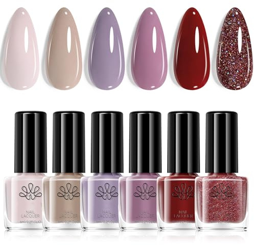 DMQ Nail Polish Set, 6Pcs Quick Dry Nude Pink Nail Varnish - Purple Red Glitter Nail Art Varnish, Non-Toxic Water Based Holographic Nail Lacquer - No Need UV Nail Paint for DIY Nail Manicure Home