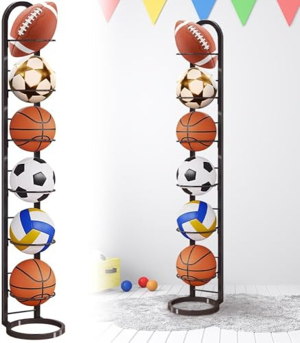 SKJJM 6 Tier Ball Storage Rack, Vertical Removable Football Stand, Multifunctional Sports Organizer Football Holder, Display Stand for Basketball Football Soccer Volleyball Outdoor Indoor