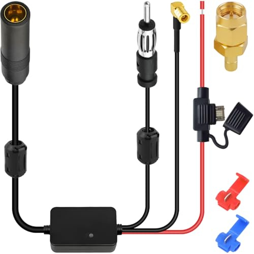 DAOKAI Car Antenna Amplifier 3-in-1 FM/AM DAB DAB Signal Booster Booster SMB Female to DIN Male Adapter 12V Digital Radio Signal Amplifier Splitter for Truck Car Audio Stereo