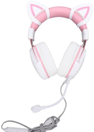 Bewinner Wired RGB Gaming Headset with Mic for PC, Noise Reduction Over Ear Headphones, Adjustable & Comfortable with Memory Foam, 50mm Driver, Immersive Sound (White Pink with Cat Ears Decor)