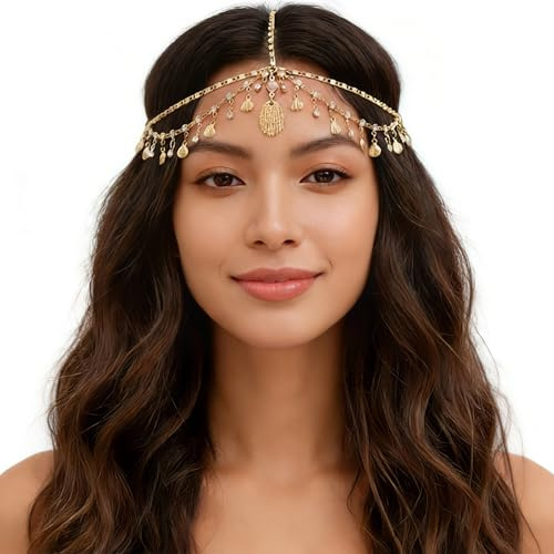 VOOSFSIE Chaîne de Tête de Déesse Dorée, Bijou de tête de diseuse de bonne aventure, Paillettes Boho gland de Cheveux, Chaîne de cheveux dorée, bijoux cheveux mariage, Costume de diseuse de bonne