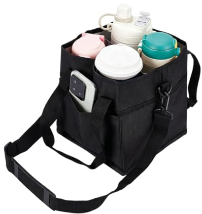 WEBEEDY Reusable Drink Carrier Bag with Handle 4 Cup Black Portable Foldable Water Bottle Drink Holder Bag with Adjustable Dividers and Straps for Travel Gym Commuting Sport Picnics Outdoor Activities