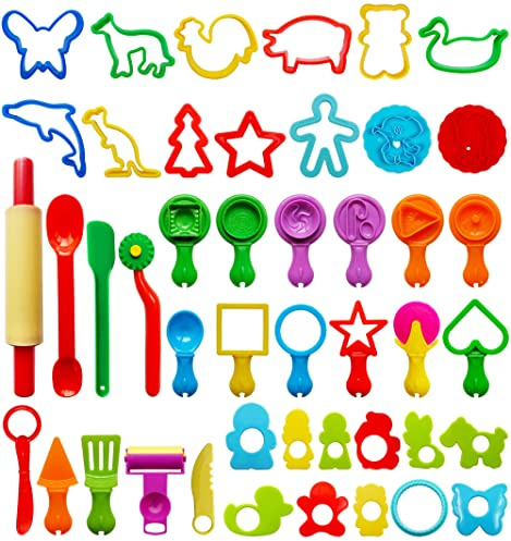 Frimoony 45 Pieces Plastic Dough Tools for Kids, Various Rolling Pin, Clay Mold, Cutter for Party Favors, Home, Assorted Colors