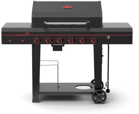 Megamaster 6-Burner Propane Barbecue Gas grill, Side Shelves With Hooks, for Camping, Outdoor Cooking, Patio, Garden Barbecue Grill, Open Cart With Side Tables, Black