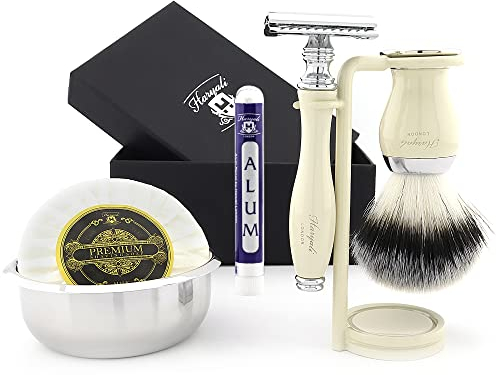 Rasierhobel Set für Herren, 6-in-1 Rasierpinselset mit Rasierständer, Rasierset mit Rasierer, Rasierhobel Ständer, Rasierschale, Rasierseife, Alaunstift – Nassrasierer Herren Rasierset Geschenk