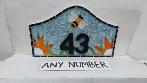 Bee Coloured Glass Mosaic House Number Plate Plaque Door Sign Choose Number