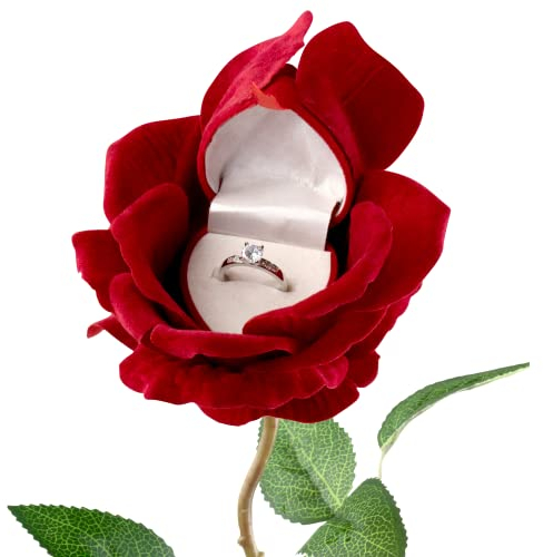 Noble Ringschatulle mit Rosenblütenmotiv für Geschenk/Zeremonie/Antrag/Verlobung/Hochzeit (rot)