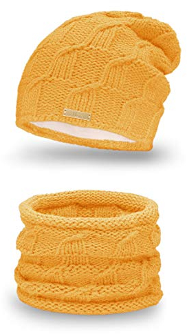Mikos Wurm Winter Kombi Set aus Winter Schal und passender Strickmütze/Beanie (686) (Curry)