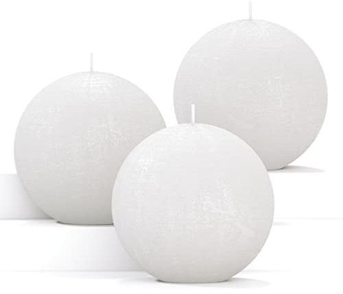 CANDWAX Uppsättning av 3 runda ljusboll 7,6 cm – snöbollssfärer – perfekt som bröllopsdekorationer och som sfärer för heminredning – oparfymerade rökfria droppfria långa brinnande vita ljus