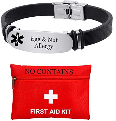 Free Custom Engraved Medical Alert Egg Nut Allergy Awareness Bracelet for Emergency Medic Food Allergic Alarm Silicone Wristband for Women Men Customized ID Identification Jewelry for Adults Seniors