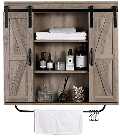RUSTOWN Rustikaler Wandschrank aus Holz mit zwei Schiebetüren, 3-stöckig, dekorativer Landhaus-Vintage-Schrank für Küche, Esszimmer, Badezimmer, Wohnzimmer, gewaschene Eiche