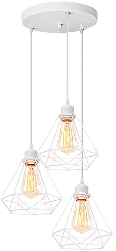 iDEGU 3 Luces Lámparas Colgante Vintage, Lámparas de Techo Industrial Metal Iluminación de Techo E27 en Estilo Jaula Geométrica, Blanco, 20cm (3 Luces Ronda)