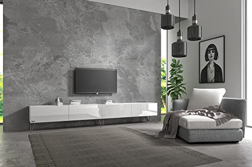 Wuun® TV-Board Lowboard Wohnwand TV-Bank Somero / 280cm (2 x 140cm) /Weiß-Hochglanz/Haarnadel Chrom