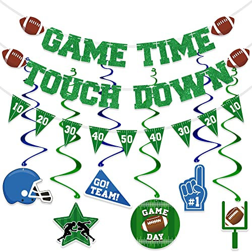 Football Party Decorations Supplies - NO DIY - Superbowl Decorations Set Include 1 Game Time 1 Touch Down Banner & 1 Pennant Banner & 6 Hanging Swirls,Super Bowl Sunday Sport Game Party Supplies