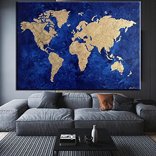 RVCKVS Abstrakt Blau Gold Weltkarte Gemälde Leinwanddruck Weltkarte Poster Wandkunst Bild Klassenzimmer Kinder Schule Büro Dekor 50x70cm Rahmenlos