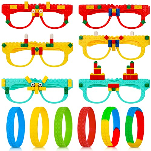 Qpout 12pcs Building Block Glasses und Bausteine Armband Set - DIY Gläser und Silikon Armband - Kreatives Spiel für Kindergeburtstag, Party, Karneval