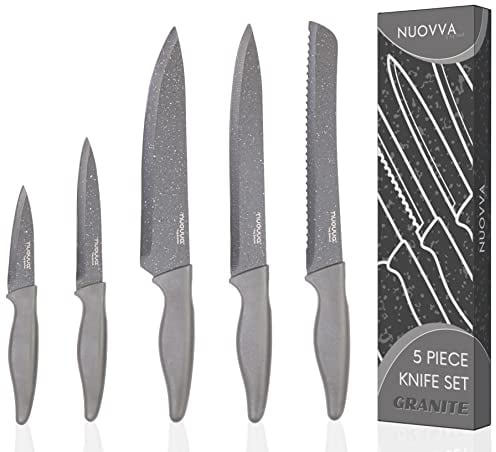 nuovva Professional Kitchen Knife Set – 5pcs Grey Kitchen Knives – Stainless Steel Granite Non Stick Blades – Chefs, Filleting, Bread, Paring and Utility Knives