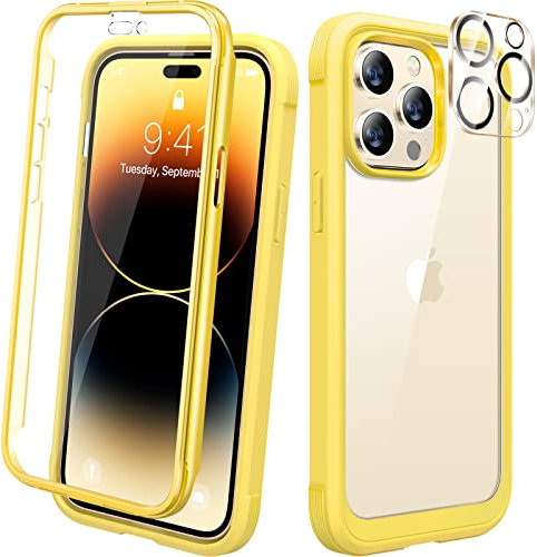 Diaclara Designed for iPhone 14 Pro Max Case, Full Body Rugged Case with Built-in Touch Sensitive Protector, with Camera Lens Protector for iPhone 14 Pro Max 6.7 (Yellow)