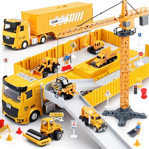 Kids Construction Toys, Construction Truck Toys Set w/Crane, Excavator, Forklift,Bulldozer,Dump Trucks,Cement Truck,Road Roller, Alloy Construction Vehicle Toys for 3 4 5 6 7 Years Old Boys Gifts