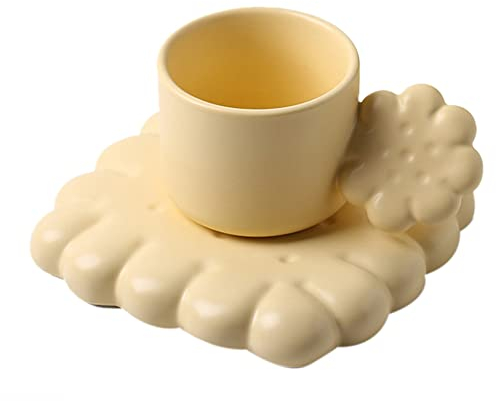wiianoxd Cute Biscuit Ceramic Coffee Cup Set with Biscuit-Shape Tray Tea Latte Milk Mug Plate Birthday Gift(Yellow)