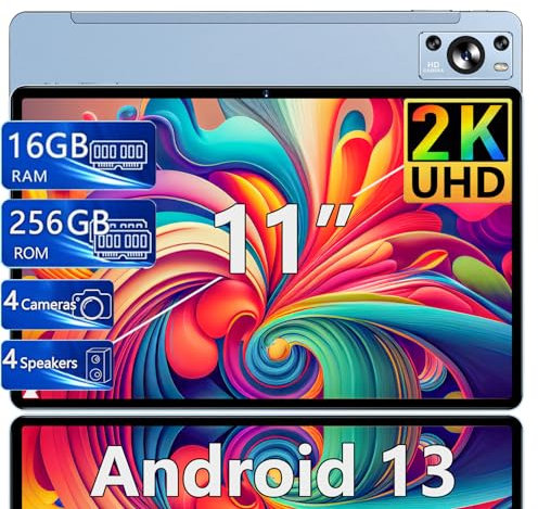 JUSYEA Tablet 11 Pulgadas 16GB RAM+256GB UFS ROM(1TB TF), 2K Pantalla 2000 * 1200 UHD, Android 13, WiFi 5G, BT 5.0, 8 Cores, 4 Altavoces, 8600mAh, 13MP+5MP, Cuerpo Metálico, Azul