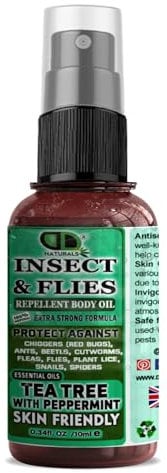 Insect Repellent with Tea Tree & Peppermint Essential Oil Repellent Against Chiggers (Red Bugs), Ants, Beetls, Cutworms, Fleas, Flies, Plant Lice, Snails and Spiders for Body Oil (10ml Spray)