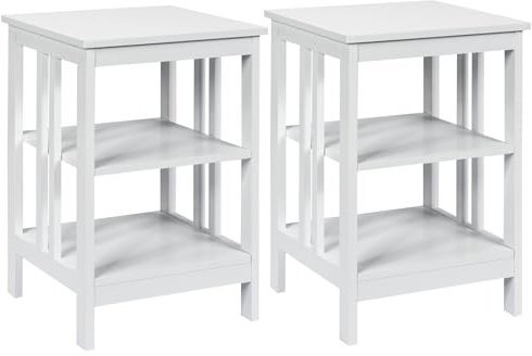 GIANTEX 2er Set Nachttisch, Beistelltisch 3 Ebenen, Sofatisch Couchtisch Holz, Kleiner Kaffeetisch Teetisch Wohnzimmertisch, Nachtschrank Nachtkommode 40x40x61cm für Wohnzimmer Schlafzimmer Weiß