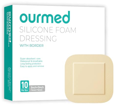 Ourmed Pansement en mousse de silicone avec adhésif sur le bord, très absorbant, imperméable, pour le soin des plaies, les ulcères diabétiques, les ulcères des jambes, 7,6 x 7,6 cm