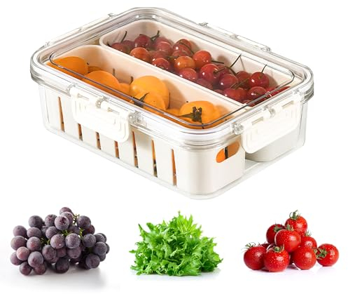xiruiubao Recipientes Alimentos Nevera Organizador Frigorifico - Cajas de Almacenaje de Refrigerador Transparente con Cubierta y 2 Cestas de Drenaje para Frescura Frutas Verduras y Carnes