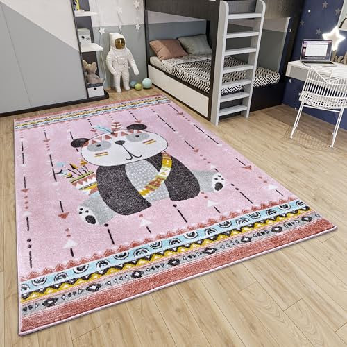 Hanse Home Adventures Kinderteppich - Panda Muster, Tier Muster Teppich Junge Mädchen für Kinderzimmer, Spielzimmer, Jugendzimmer, Wohnzimmer - Rosa, 120x170cm