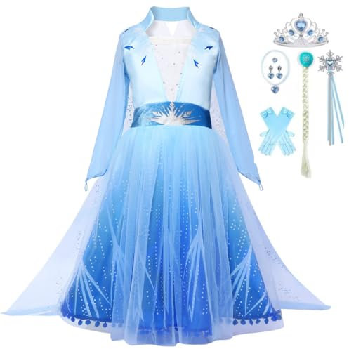 Snyemio Deguisement Robe des Neiges Princesse Elsa Enfant Fille avec Cape Costume Anniversaire Carnaval Cosplay, Bleu, 6-7 Ans(Étiqueter 140)