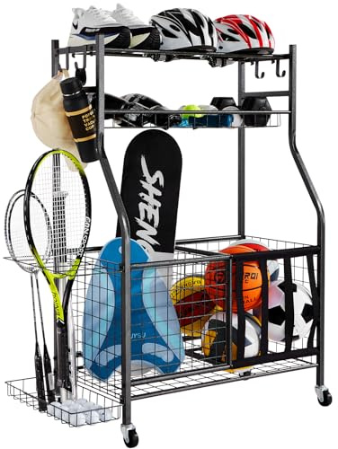 VEVOR Sports Equipment Garage Organizer, Rolling Ball Storage Cart on Wheels, Basketball Rack with Baskets & Hooks, Indoor/Outdoor Sports Gear and Toys Storage, Steel Sports Equipment Organizer
