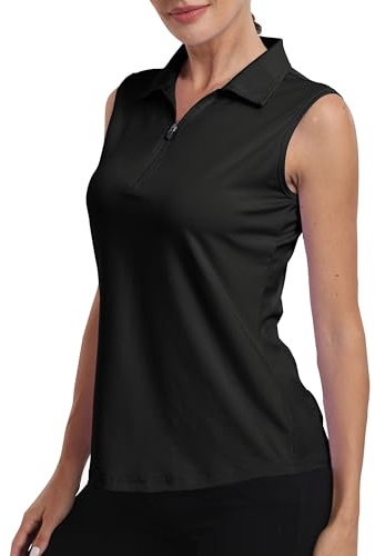 MoFiz Womens Golf Polo Shirts Sleeveless Gym Tennis Golf Top Summer Breathable Casual Work Sports T-Shirt with 1/4 Zip Black Size US S