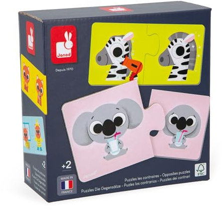 Janod - Gegensatz-Puzzle - 12 Puzzles mit 2 Teilen aus Karton - Bildungsspiel - Feinmotorik und Konzentration - FSC-zertifiziertes Produkt und pflanzliche